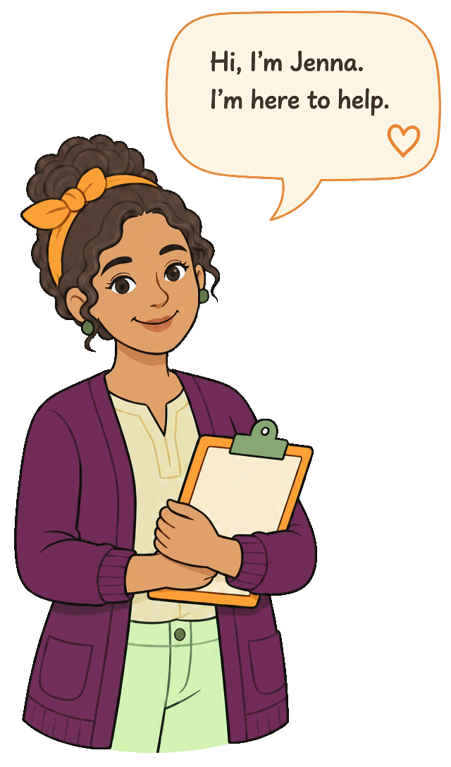 Illustration of Jenna, EDmango's AI assistant, holding a clipboard, with a speech bubble that reads: Hi, I'm Jenna. I'm here to help.