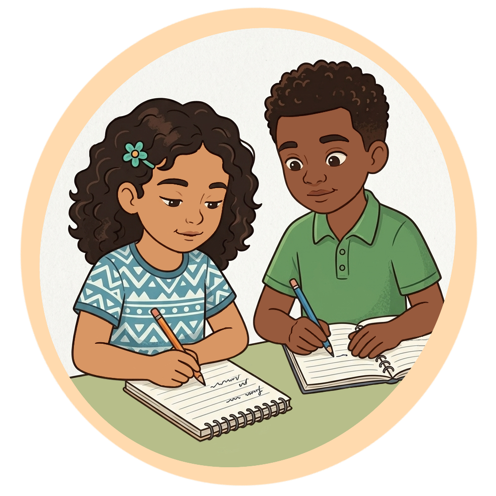 Two children sitting together at a table, writing in their notebooks